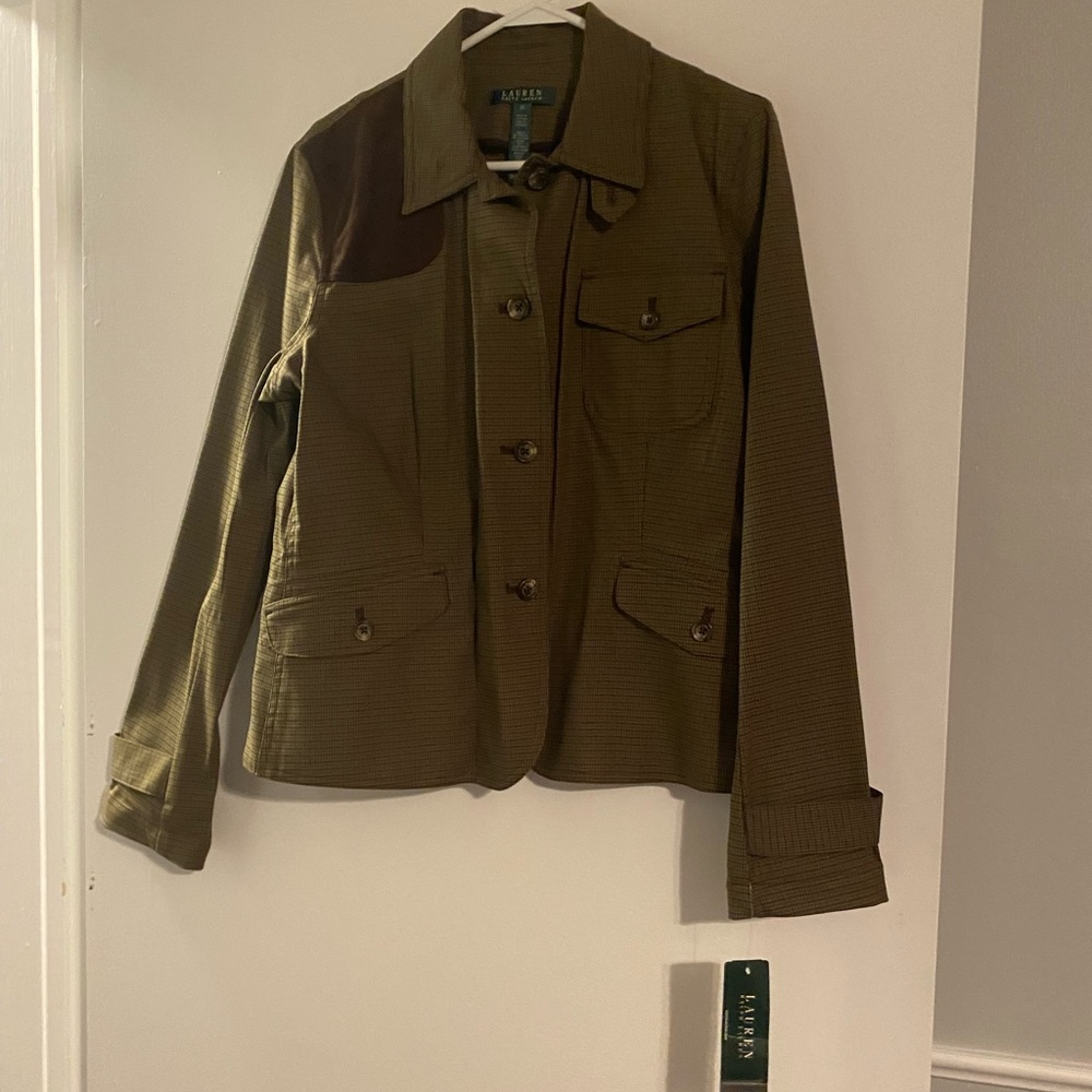 Ralph Lauren size 14 Olive green Suede shoulder patch check plaid riding jacket
